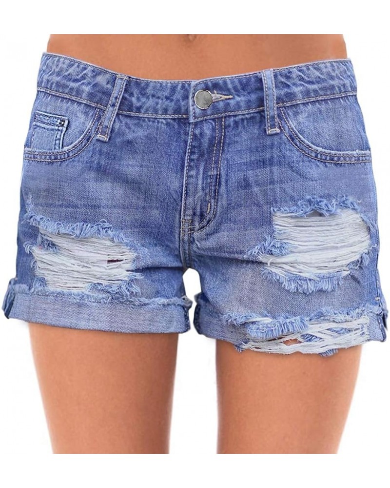 Women's Ripped Mid Rise Stretchy Denim Jeans Shorts Blue $17.39 Shorts