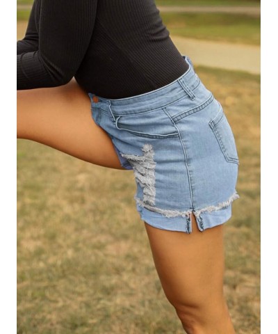 Women's Ripped Mid Rise Stretchy Denim Jeans Shorts Blue $17.39 Shorts