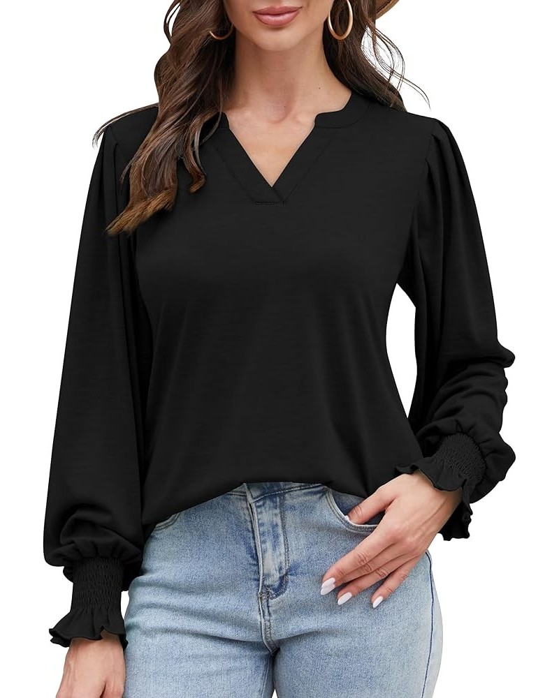 Long Sleeve Shirts for Women Square Neck Pleated Front Puff Sleeve Casual Fall Tunic Tops A1-black $8.69 Tops