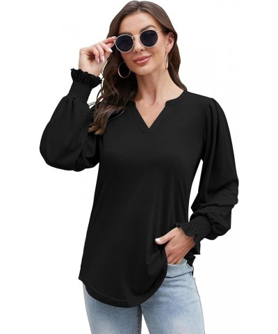 Long Sleeve Shirts for Women Square Neck Pleated Front Puff Sleeve Casual Fall Tunic Tops A1-black $8.69 Tops
