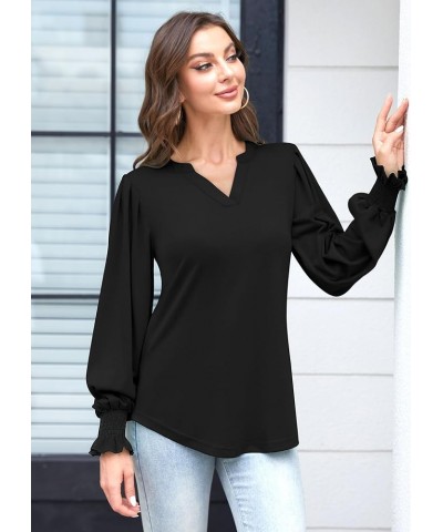 Long Sleeve Shirts for Women Square Neck Pleated Front Puff Sleeve Casual Fall Tunic Tops A1-black $8.69 Tops