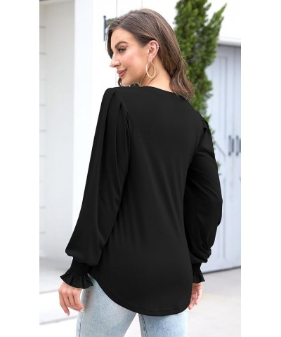 Long Sleeve Shirts for Women Square Neck Pleated Front Puff Sleeve Casual Fall Tunic Tops A1-black $8.69 Tops