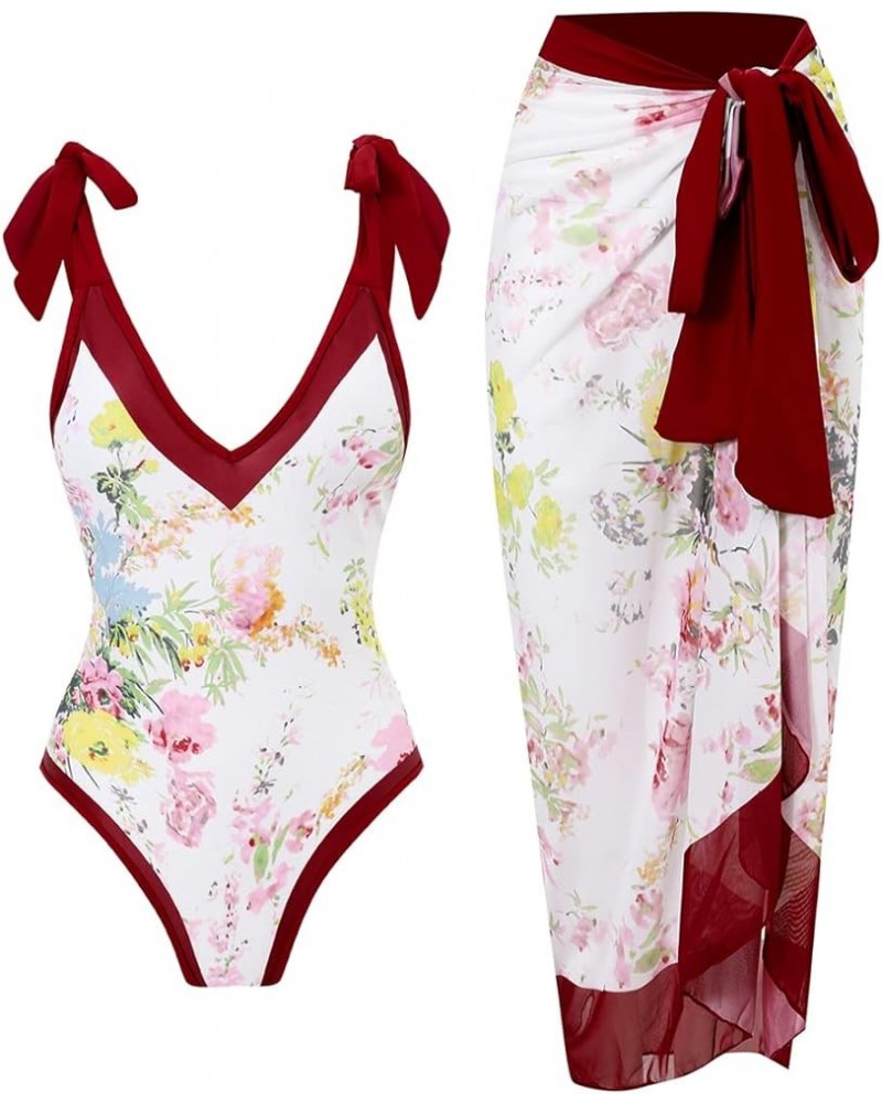 Women One Piece Swimsuit Vintage Floral Bathing Suits with Cover up Wrap Skirts Sarongs 2 Piece Monokini Beachwear Red $24.29...