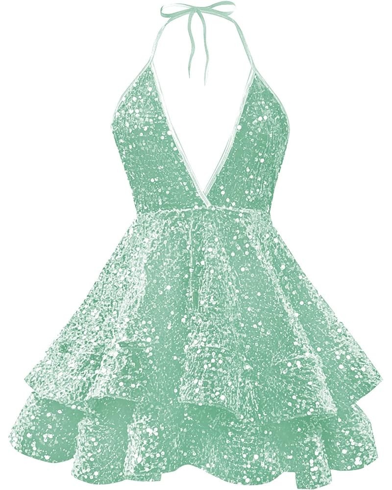 Women's Sparkly Sequin Homecoming Dresses for Teens Halter Sweet 16 Photo Shoot Short Prom Dress Mint Green $32.99 Dresses