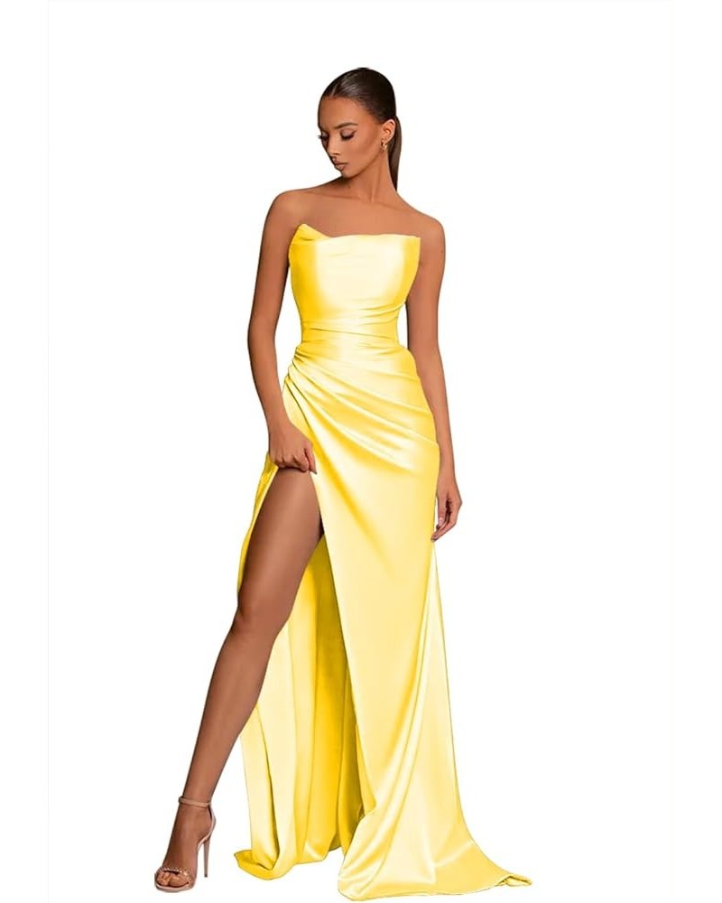 Women's Strapless Prom Dresses Long with Slit Pleated Satin Evening Party Gows CYM094 Yellow $34.79 Dresses