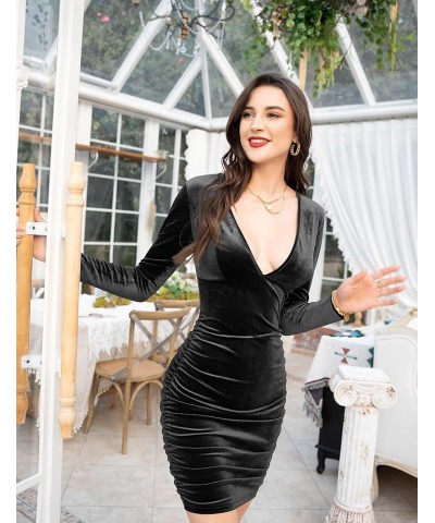 Women's Long Sleeve Plunge V Neck Bodycon Ruched Velvet Mini Dress Black $18.14 Dresses