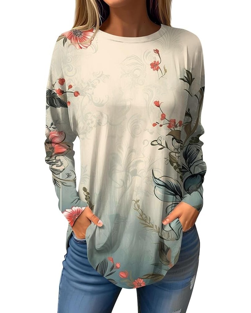 Cute Tops For Women, Vintage Printed Long Sleeve Tunics Or Tops To Wear With Leggings Trendy Basic Crew Neck Shirts 6-beige $...