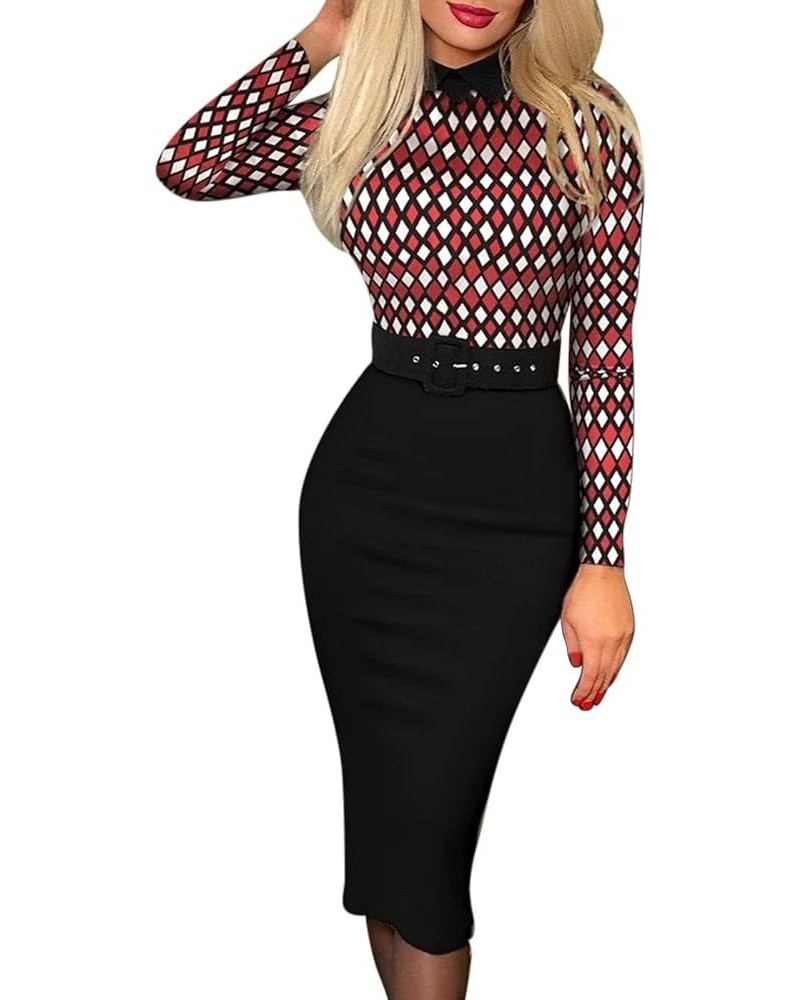 Ladies Print Dress Business Office Long Sleeves Elegant Suits Dresses Pencil Formal Dress Work Dresses for Women Red $8.50 Ac...