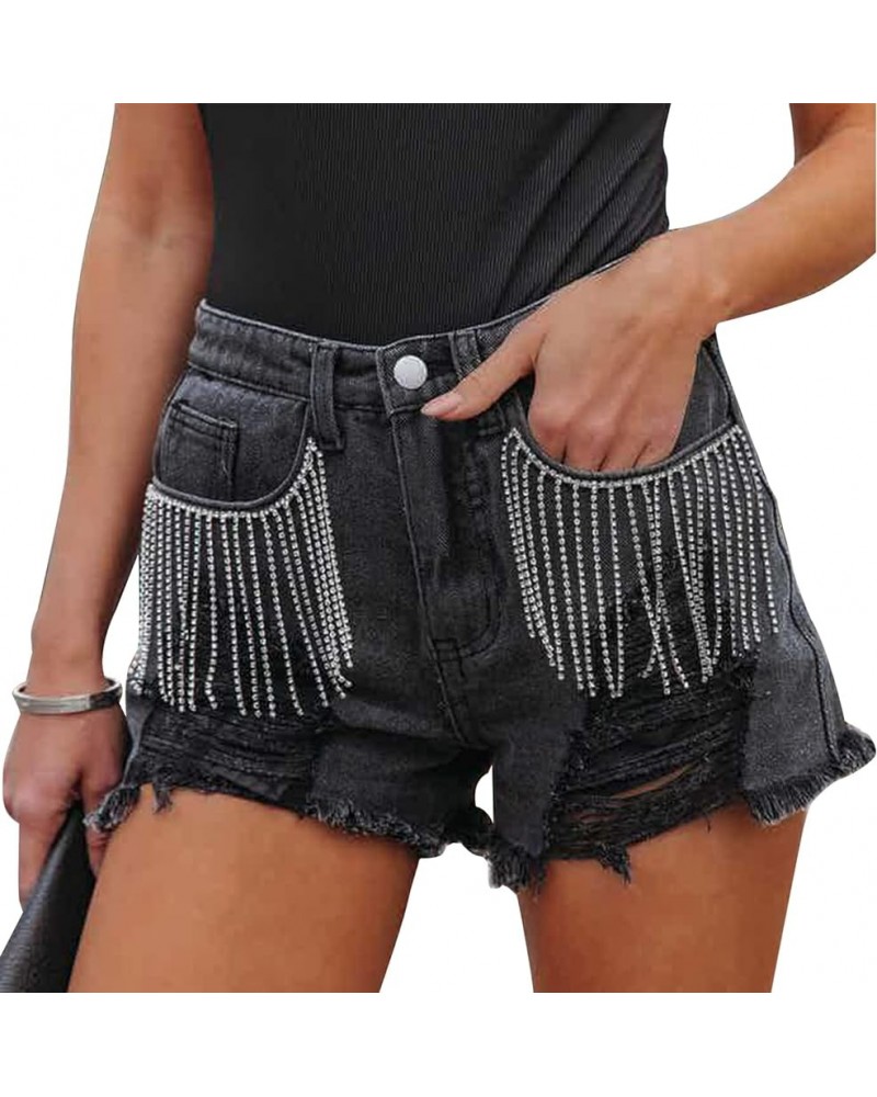 Women's Rhinestone Denim Shorts Fringe Jeans Shorts Mid Rise Ripped Hem Casual Distressed Tassels Hot Shorts Black $25.36 Shorts