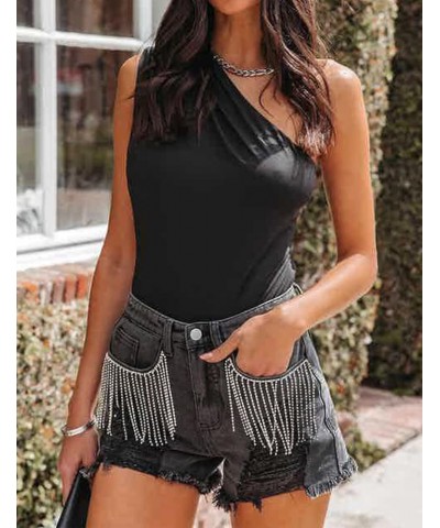 Women's Rhinestone Denim Shorts Fringe Jeans Shorts Mid Rise Ripped Hem Casual Distressed Tassels Hot Shorts Black $25.36 Shorts
