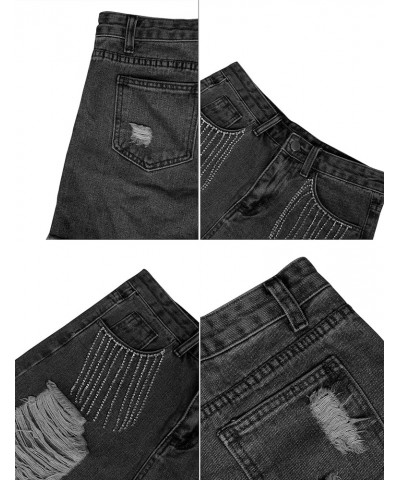 Women's Rhinestone Denim Shorts Fringe Jeans Shorts Mid Rise Ripped Hem Casual Distressed Tassels Hot Shorts Black $25.36 Shorts