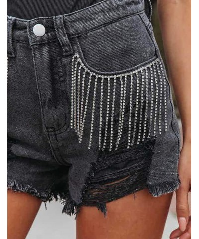 Women's Rhinestone Denim Shorts Fringe Jeans Shorts Mid Rise Ripped Hem Casual Distressed Tassels Hot Shorts Black $25.36 Shorts