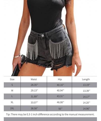 Women's Rhinestone Denim Shorts Fringe Jeans Shorts Mid Rise Ripped Hem Casual Distressed Tassels Hot Shorts Black $25.36 Shorts