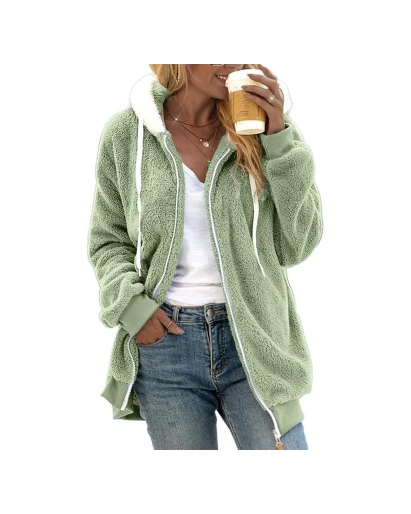 Women's Oversized Fuzzy Fleece Sherpa Zip Up Hoodie Jacket Winter Warm Outerwear Coat Green $16.17 Jackets