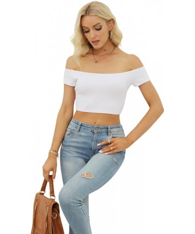Womens Off Shoulder Crop Tops Summer Short Sleeve Ribbed Knit Fitted T Shirts White $7.83 T-Shirts