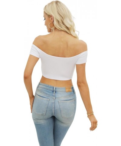 Womens Off Shoulder Crop Tops Summer Short Sleeve Ribbed Knit Fitted T Shirts White $7.83 T-Shirts