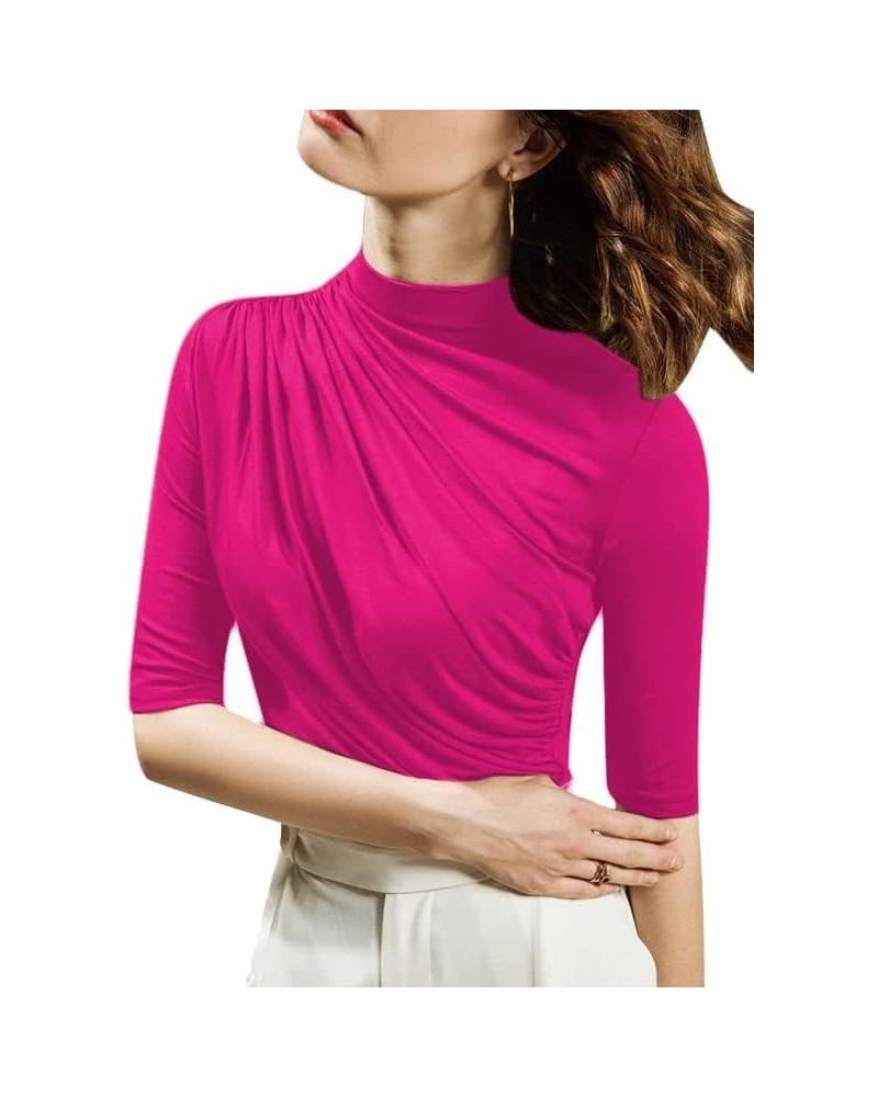 Women's Mock Neck Half Sleeve Slim Fit T-Shirts Ruched Dressy Tops Casual Summer Tee Hot Pink $11.75 T-Shirts