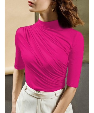 Women's Mock Neck Half Sleeve Slim Fit T-Shirts Ruched Dressy Tops Casual Summer Tee Hot Pink $11.75 T-Shirts