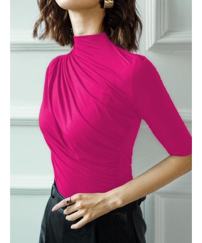 Women's Mock Neck Half Sleeve Slim Fit T-Shirts Ruched Dressy Tops Casual Summer Tee Hot Pink $11.75 T-Shirts