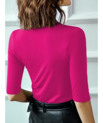 Women's Mock Neck Half Sleeve Slim Fit T-Shirts Ruched Dressy Tops Casual Summer Tee Hot Pink $11.75 T-Shirts