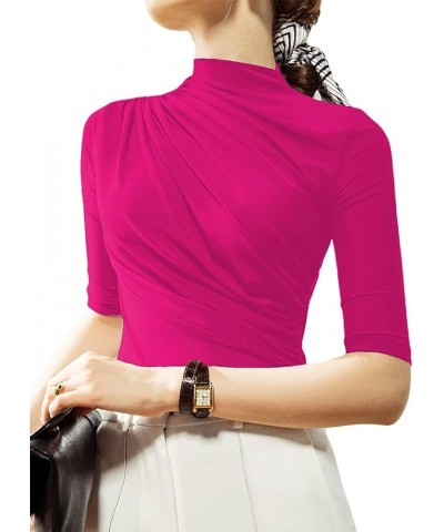 Women's Mock Neck Half Sleeve Slim Fit T-Shirts Ruched Dressy Tops Casual Summer Tee Hot Pink $11.75 T-Shirts