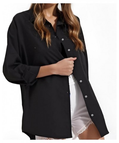 Women's Oversized Button Down Shirt Casual Fashion Long Sleeve Top Tunics Black $12.74 Blouses