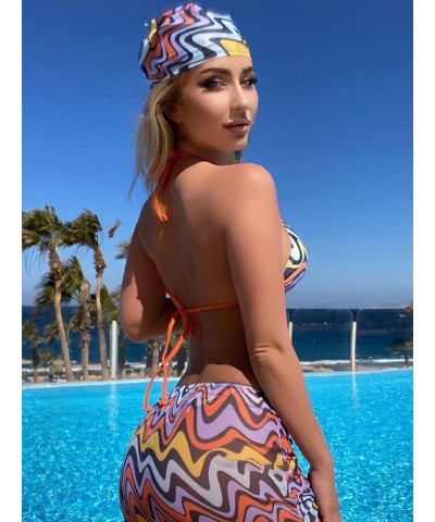 Women's 4 Piece Set Floral Print Halter Triangle Bikini Swimsuit with Beach Skirt and Headband Blue Purple Multi $12.80 Swims...