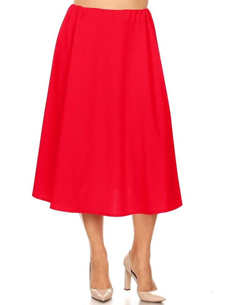 Women's Plus Size A-Line High Waist Elastic Band Pleated Solid Midi Skirt Made in USA Msk00811 Red $11.17 Skirts