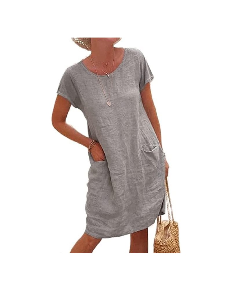 Women's Cotton Linen Casual Loose Short Sleeve Dress Knee Length Comfy Tshirt Dresses with Pockets Plus Size Gray $10.08 Dresses