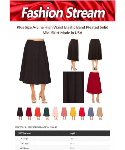 Women's Plus Size A-Line High Waist Elastic Band Pleated Solid Midi Skirt Made in USA Msk00811 Red $11.17 Skirts