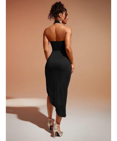 Women's Twist Front Split Thigh Halter Neck Backless Bodycon Club Dress Black $14.26 Dresses