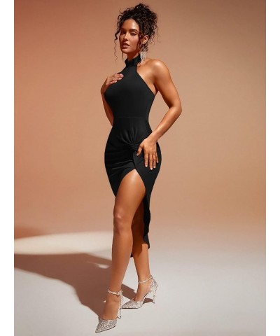 Women's Twist Front Split Thigh Halter Neck Backless Bodycon Club Dress Black $14.26 Dresses