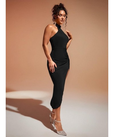 Women's Twist Front Split Thigh Halter Neck Backless Bodycon Club Dress Black $14.26 Dresses