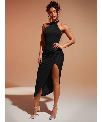 Women's Twist Front Split Thigh Halter Neck Backless Bodycon Club Dress Black $14.26 Dresses