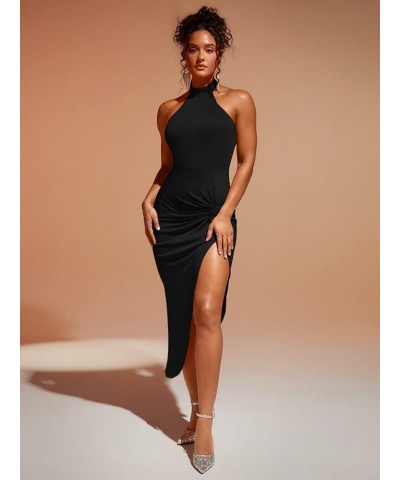 Women's Twist Front Split Thigh Halter Neck Backless Bodycon Club Dress Black $14.26 Dresses