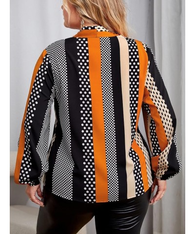 Women's Floral Print Bow Tied Neck Lantern Long Sleeve Blouse Tops Orange and Dots $11.00 Blouses