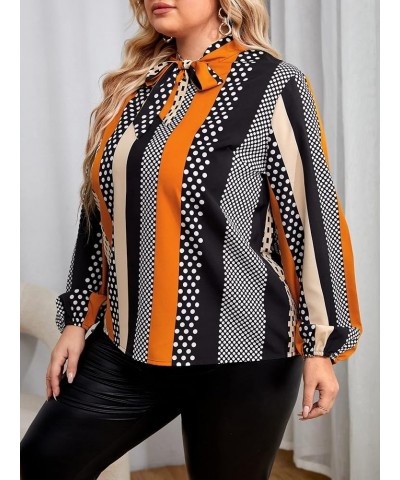 Women's Floral Print Bow Tied Neck Lantern Long Sleeve Blouse Tops Orange and Dots $11.00 Blouses