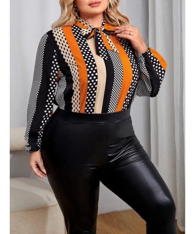 Women's Floral Print Bow Tied Neck Lantern Long Sleeve Blouse Tops Orange and Dots $11.00 Blouses
