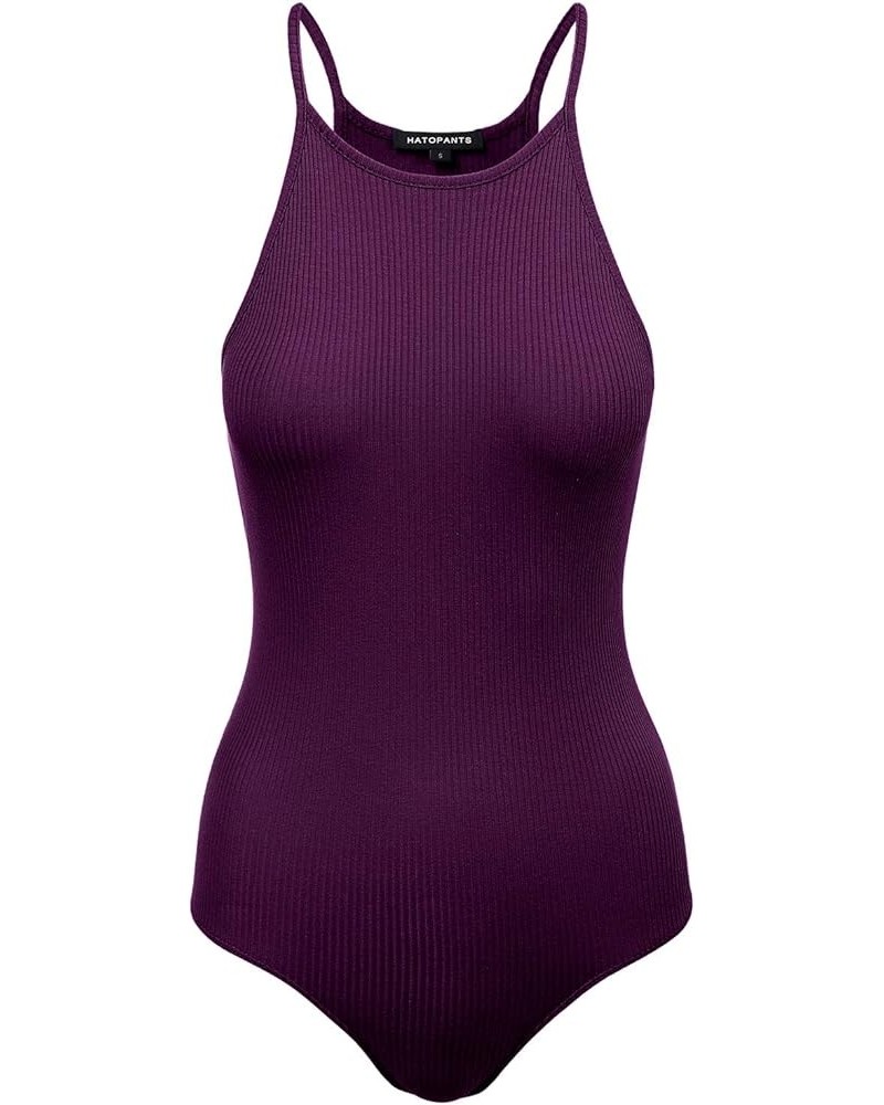Women's Scoop V-Neck Racerback Sleeveless Tank Top Ribbed Cotton Halter Bodysuit 408-grape-1 $8.63 Lingerie