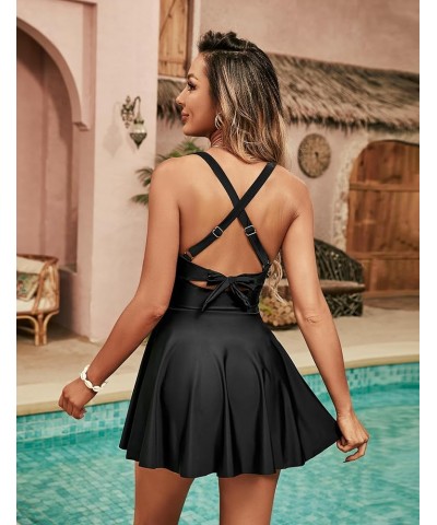 Womens Modest One Piece Swimsuit with Skirt V Neck Wrap Bathing SuitTie Back Supportive Swimwear Black $10.75 Swimsuits