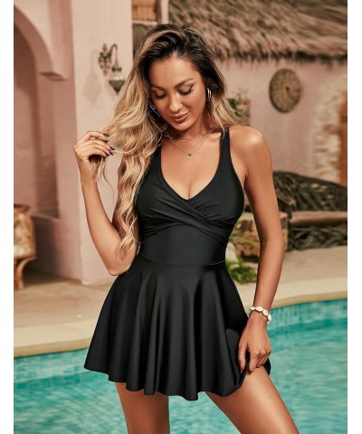Womens Modest One Piece Swimsuit with Skirt V Neck Wrap Bathing SuitTie Back Supportive Swimwear Black $10.75 Swimsuits