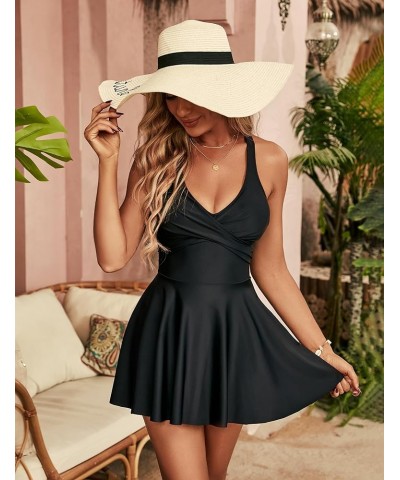 Womens Modest One Piece Swimsuit with Skirt V Neck Wrap Bathing SuitTie Back Supportive Swimwear Black $10.75 Swimsuits