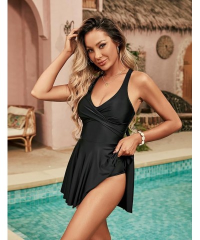 Womens Modest One Piece Swimsuit with Skirt V Neck Wrap Bathing SuitTie Back Supportive Swimwear Black $10.75 Swimsuits