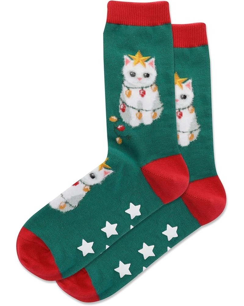 Women's Cozy Holiday Gripper Crew Socks-1 Pair Pack-Cute & Fun Novelty Gifts Fuzzy Christmas Tree Cat (Green) $7.31 Socks