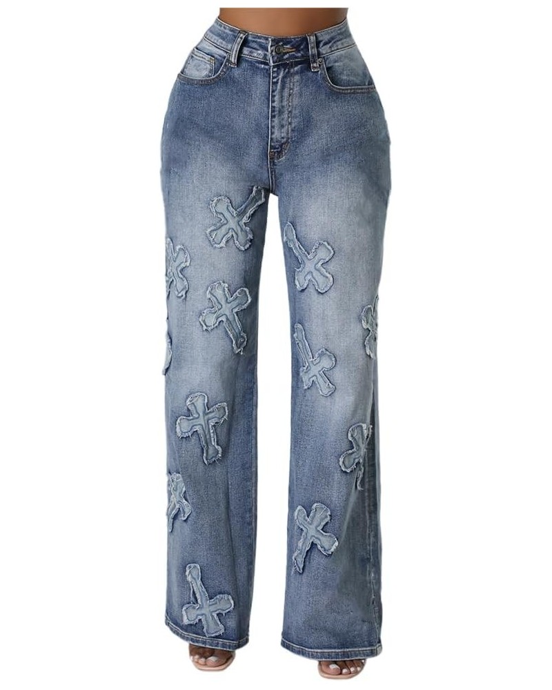Women's Cross Patchwork Wide Leg Jeans, Mid Rise Vintage Cowboy Pants Fashion Denim Jeans for Women Blue $20.25 Jeans