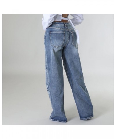 Women's Cross Patchwork Wide Leg Jeans, Mid Rise Vintage Cowboy Pants Fashion Denim Jeans for Women Blue $20.25 Jeans