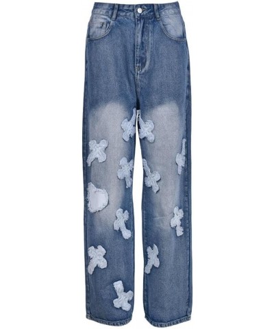 Women's Cross Patchwork Wide Leg Jeans, Mid Rise Vintage Cowboy Pants Fashion Denim Jeans for Women Blue $20.25 Jeans