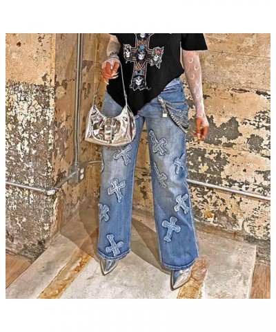 Women's Cross Patchwork Wide Leg Jeans, Mid Rise Vintage Cowboy Pants Fashion Denim Jeans for Women Blue $20.25 Jeans