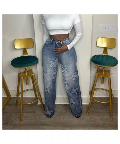 Women's Cross Patchwork Wide Leg Jeans, Mid Rise Vintage Cowboy Pants Fashion Denim Jeans for Women Blue $20.25 Jeans