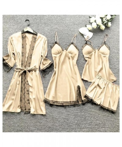 Womens Lingeries Sexy Plus Size 4PC Silk Lingerie Sleepwear Valentines Women Lace Robe Dress Set Pajamas Nightdress Beige $12...